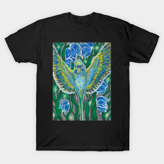 Blue budgie in flowers T-Shirt by deadblackpony